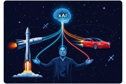 Elon Musk entre logotipos Tesla e SpaceX simbolizando fusão bilionária de ações
