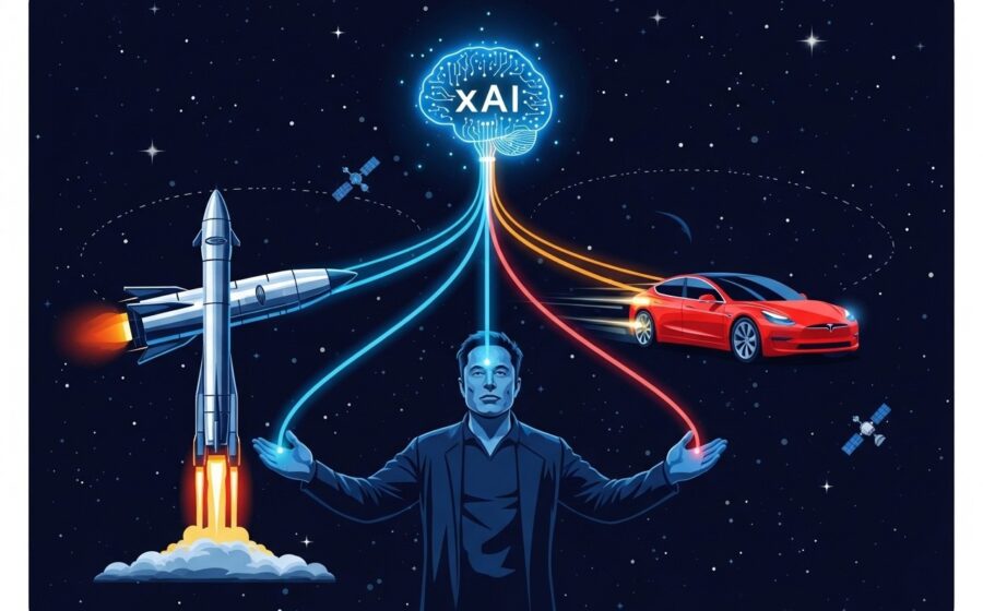 Elon Musk entre logotipos Tesla e SpaceX simbolizando fusão bilionária de ações