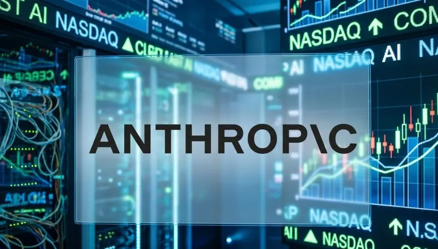 Logotipo da Anthropic com gráfico de ações em queda e selo de rating BB de alto risco