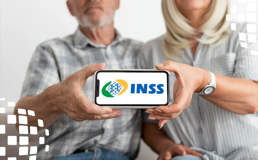 Idoso preocupado olhando extrato do INSS com gráfico de queda financeira ao fundo