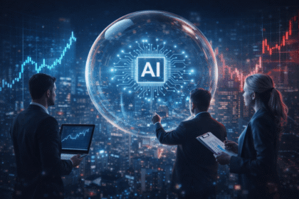 Gráfico de crescimento exponencial de investimentos em data centers de IA com símbolos financeiros e alerta de bolha