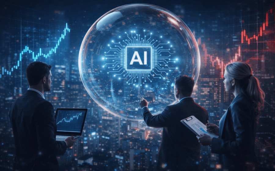 Gráfico de crescimento exponencial de investimentos em data centers de IA com símbolos financeiros e alerta de bolha
