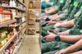 Funcionário de supermercado usando tablet para gerenciar múltiplas tarefas na loja