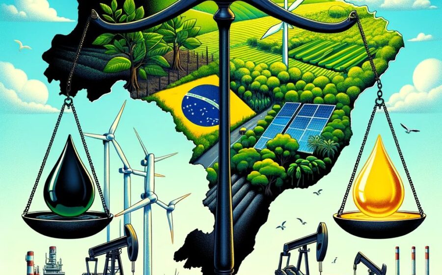Brasil como líder global em energia verde: usinas solares, eólicas e biocombustíveis simbolizando potencial de Opep renovável