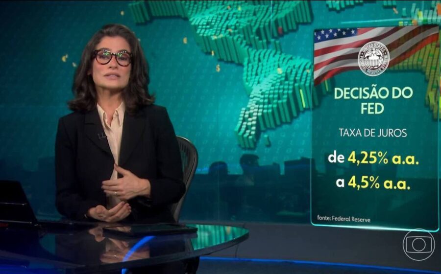 Gráfico comparando juros americanos e CDI brasileiro com setas de câmbio e inflação