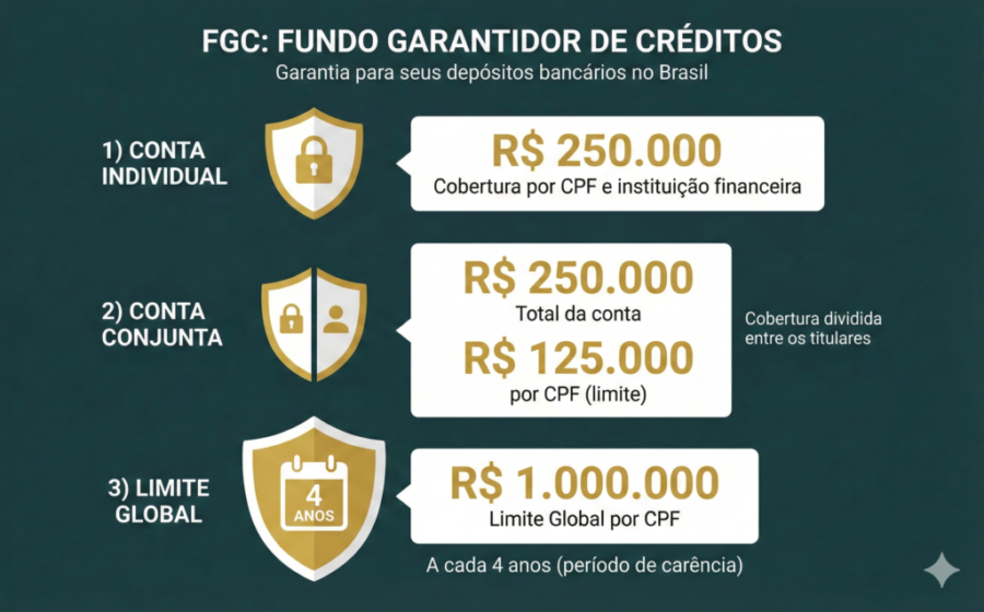 Ilustração de cofre bancário com escudo do FGC e limite de R$ 250 mil destacado