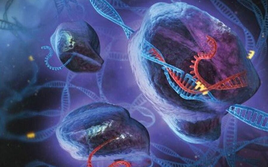 Ilustração 3D de vírus editando DNA com sistema Vipr, estrutura molecular menor que CRISPR