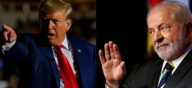 Donald Trump em silêncio observando tabuleiro de xadrez com peças de Lula e Bolsonaro, política Brasil-EUA