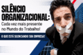 Escritório silencioso com colegas tensos, bolhas de fala vazias representando "obrigado" e "desculpe" ausentes no trabalho