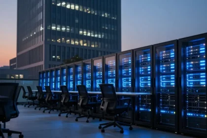 Logotipo Oracle com gráfico de ações em alta e ícones de nuvem e IA