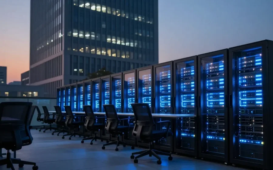 Logotipo Oracle com gráfico de ações em alta e ícones de nuvem e IA
