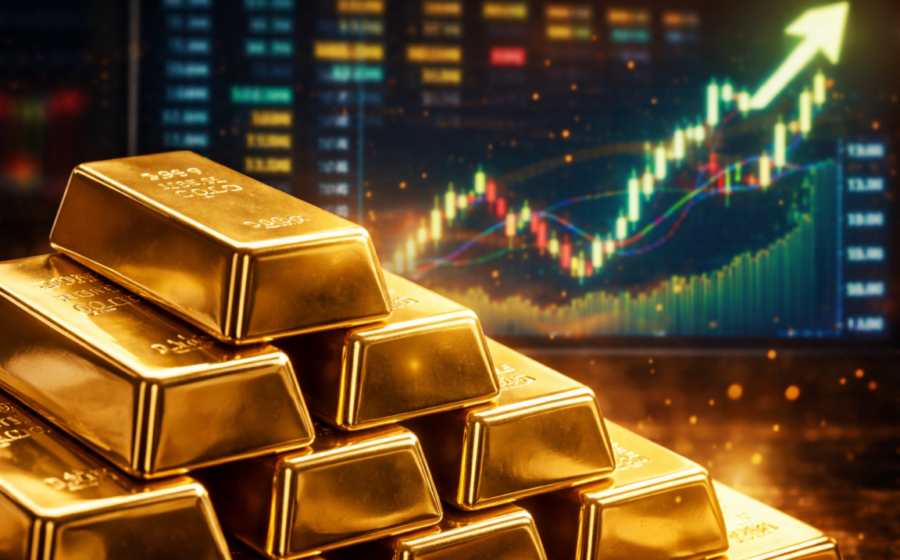 Barras de ouro empilhadas com gráfico de alta de preços ao fundo