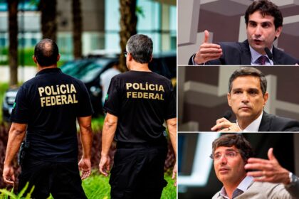 Gabriel Galípolo, Roberto Campos Neto e André Esteves em destaque sobre fundo do Banco Central e logotipo da Polícia Federal