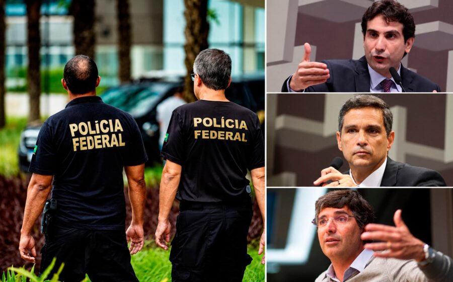 Gabriel Galípolo, Roberto Campos Neto e André Esteves em destaque sobre fundo do Banco Central e logotipo da Polícia Federal