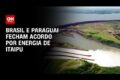 Usina de Itaipu ao fundo com servidores de data center em primeiro plano, bandeiras do Paraguai e EUA, simbolizando acordo de IA