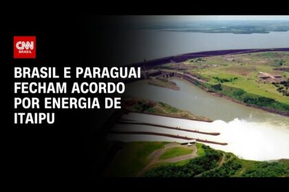 Usina de Itaipu ao fundo com servidores de data center em primeiro plano, bandeiras do Paraguai e EUA, simbolizando acordo de IA