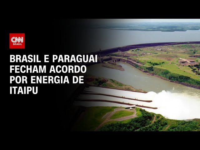 Usina de Itaipu ao fundo com servidores de data center em primeiro plano, bandeiras do Paraguai e EUA, simbolizando acordo de IA