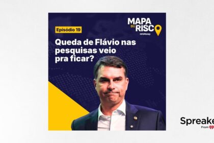 Flávio Bolsonaro em foto oficial no Senado, com elementos gráficos de passaporte retido, fichas de aposta e jato particular