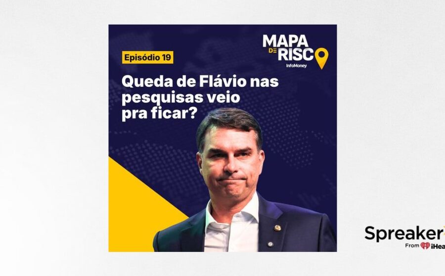 Flávio Bolsonaro em foto oficial no Senado, com elementos gráficos de passaporte retido, fichas de aposta e jato particular