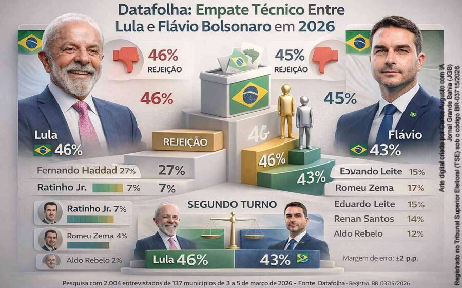 Gráfico de pesquisa eleitoral 2026: Flávio Bolsonaro 45% versus Lula 44% em empate técnico
