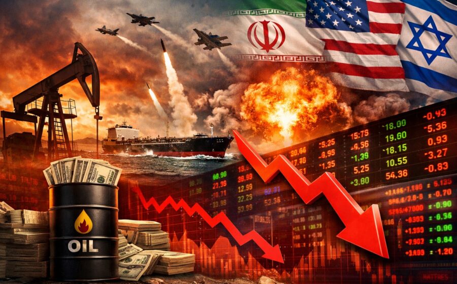 Gráfico de bolsa em queda livre com barris de petróleo ao fundo simbolizando alta do petróleo e crise financeira