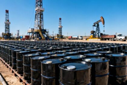 Gráfico de preço do petróleo Brent a US$ 115 com petroleiros no Golfo Pérsico ao fundo