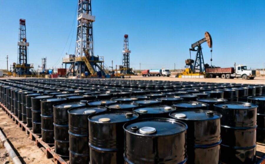Gráfico de preço do petróleo Brent a US$ 115 com petroleiros no Golfo Pérsico ao fundo