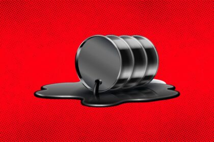 Gráfico de queda do petróleo Brent com símbolos do Oriente Médio ao fundo