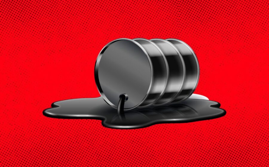Gráfico de queda do petróleo Brent com símbolos do Oriente Médio ao fundo