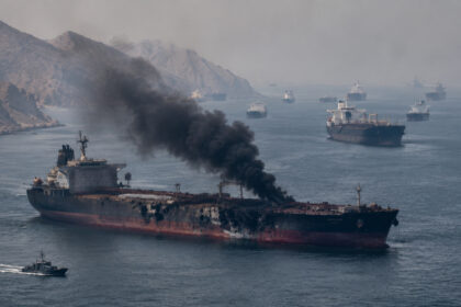 Gráfico de alta do petróleo Brent com silhueta de petroleiros no Estreito de Hormuz ao fundo