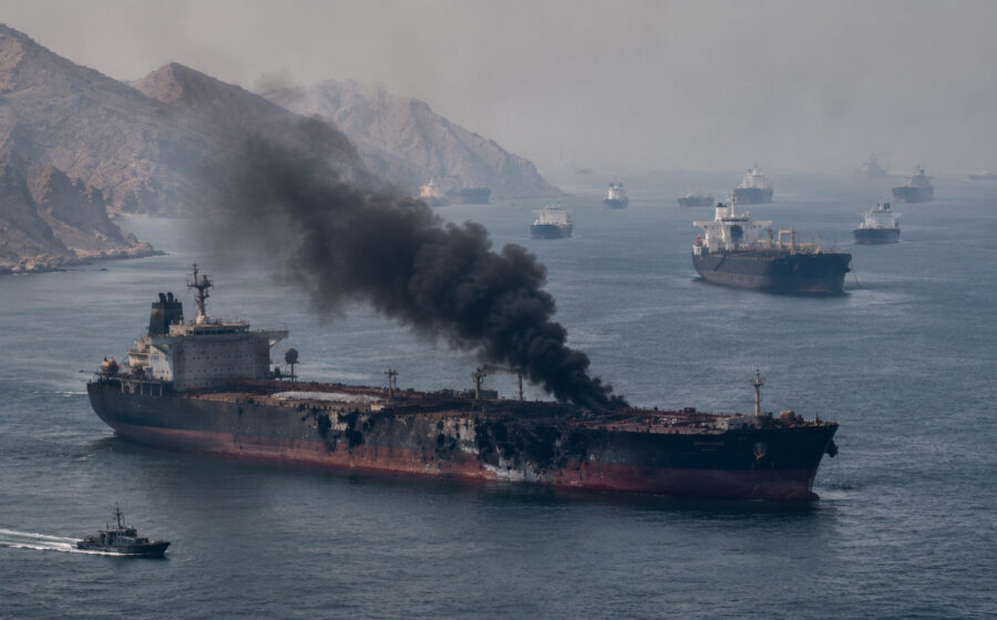 Gráfico de alta do petróleo Brent com silhueta de petroleiros no Estreito de Hormuz ao fundo