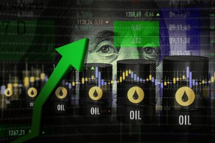 Gráfico de preço do petróleo Brent subindo para US$ 113 com petroleiro no Estreito de Ormuz