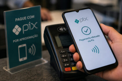 Celular fazendo pagamento por Pix por aproximação NFC, representando limite personalizável pelo usuário