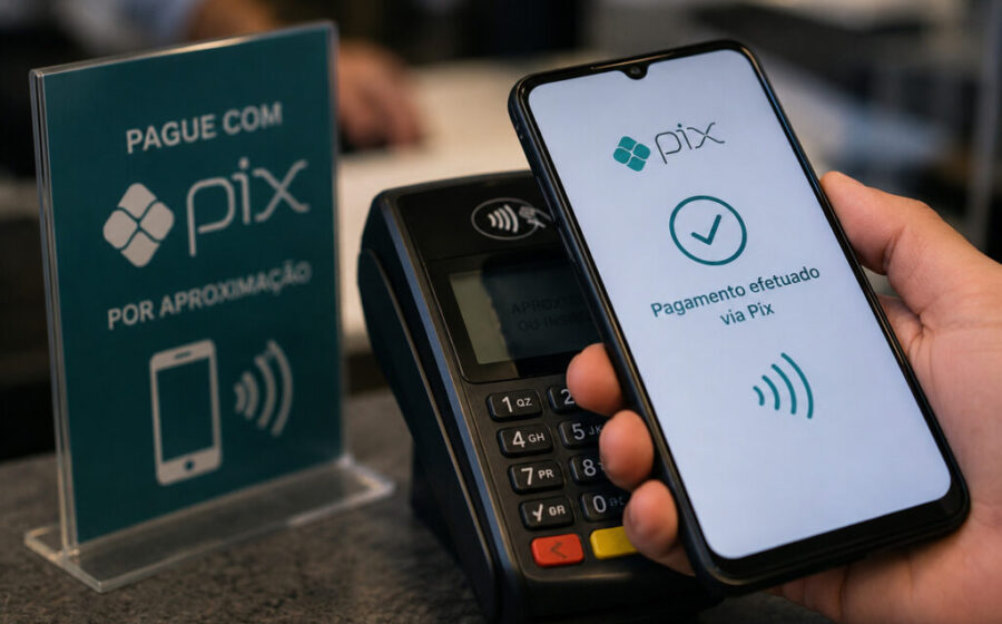 Celular fazendo pagamento por Pix por aproximação NFC, representando limite personalizável pelo usuário