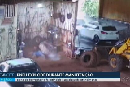 Momento exato da explosão de pneu em borracharia de Morro Agudo ferindo funcionário