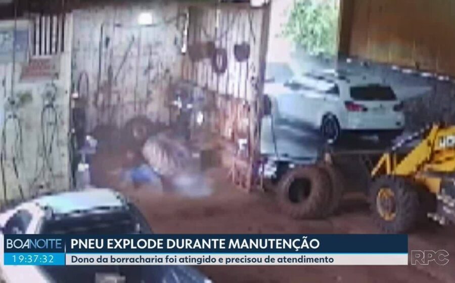 Momento exato da explosão de pneu em borracharia de Morro Agudo ferindo funcionário