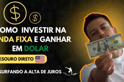 Gráfico comparando juros EUA vs Brasil com bandeiras e setas de câmbio