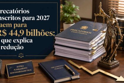 Gráfico mostra orçamento de precatórios 2026 em R$ 64,3 bi com alerta vermelho para 2027