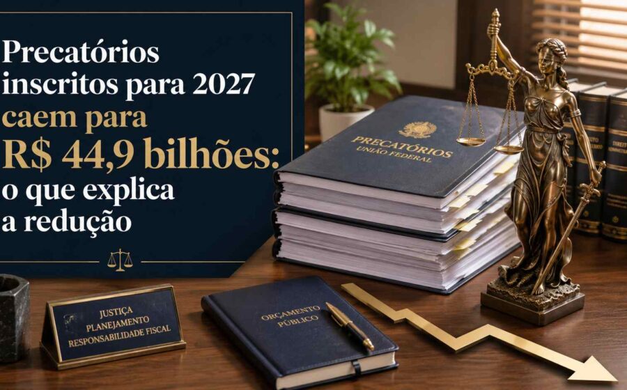 Gráfico mostra orçamento de precatórios 2026 em R$ 64,3 bi com alerta vermelho para 2027