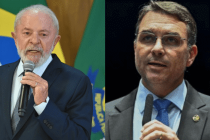 Gráfico da dívida pública brasileira projetada para 100% do PIB até 2031 com fotos de Lula e Flávio Bolsonaro