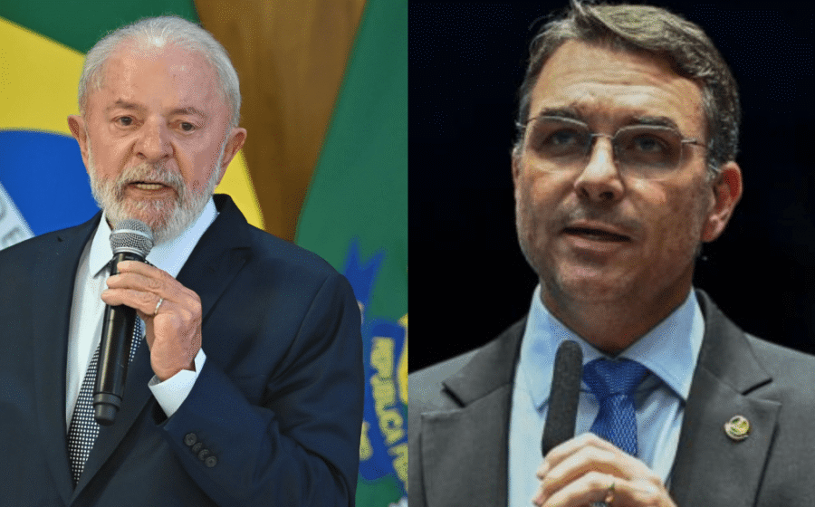 Gráfico da dívida pública brasileira projetada para 100% do PIB até 2031 com fotos de Lula e Flávio Bolsonaro