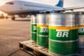 Avião comercial no solo com gráfico de alta do QAV e assentos vazios simbolizando corte de 500 mil lugares