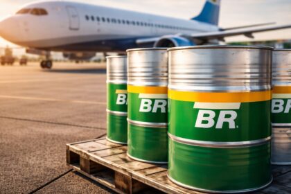 Avião comercial no solo com gráfico de alta do QAV e assentos vazios simbolizando corte de 500 mil lugares