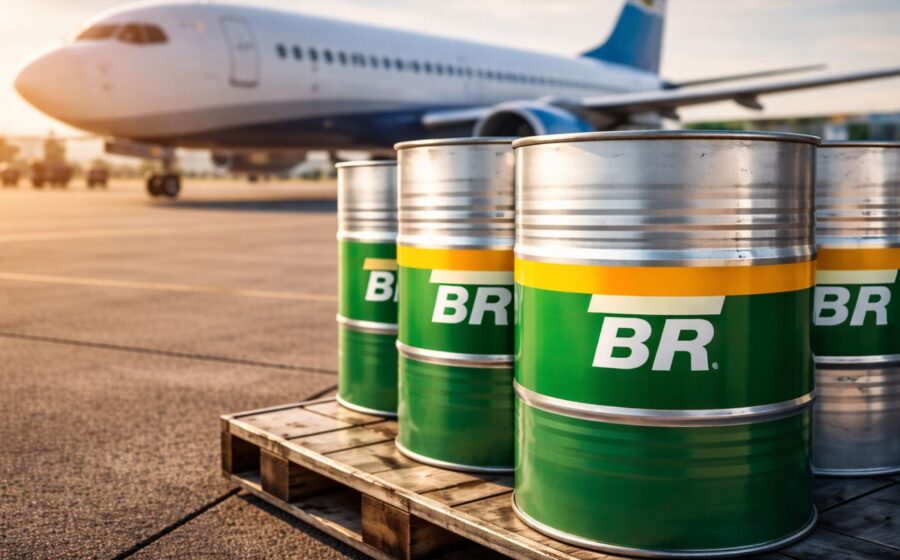 Avião comercial no solo com gráfico de alta do QAV e assentos vazios simbolizando corte de 500 mil lugares