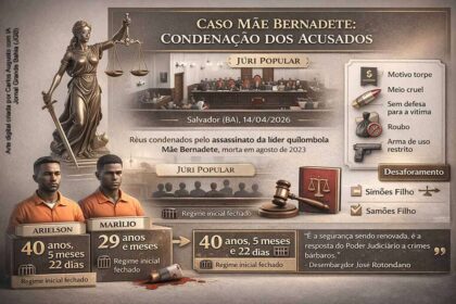 Retrato de Mãe Bernadete, líder quilombola assassinada, com faixa de justiça ao fundo