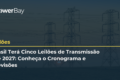 Leilão de transmissão de energia na B3 com tela mostrando investimentos de R$ 50 bilhões para 2027