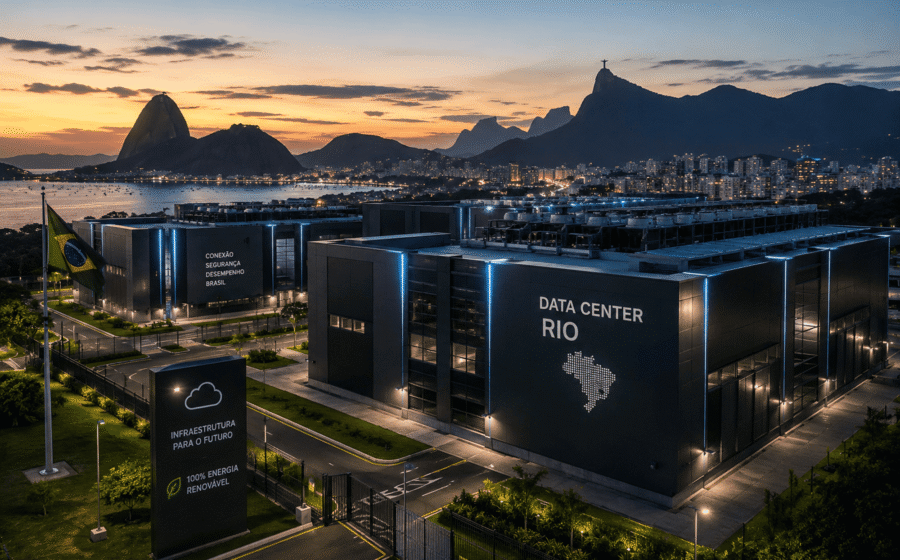 Centro de dados moderno no Rio de Janeiro com servidores iluminados representando investimento em IA