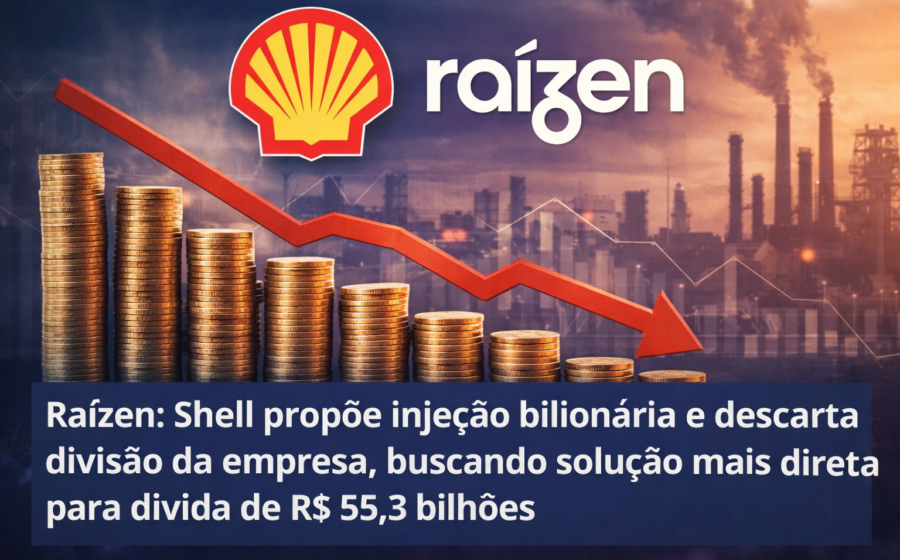 Logotipo da Raízen sobre fundo da Bolsa B3 e posto Shell, simbolizando cisão bilionária
