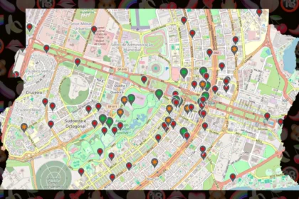 Mapa eleitoral do DF mostrando divisão de votos por região administrativa na reeleição de Celina Leão