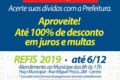 Logotipo oficial do Refis Ribeirão 2026 com datas de adesão e descontos de até 100%